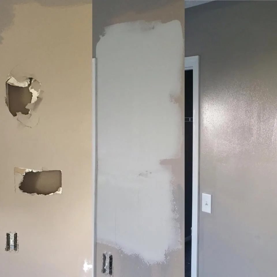 Drywall repair shown before, during, and after