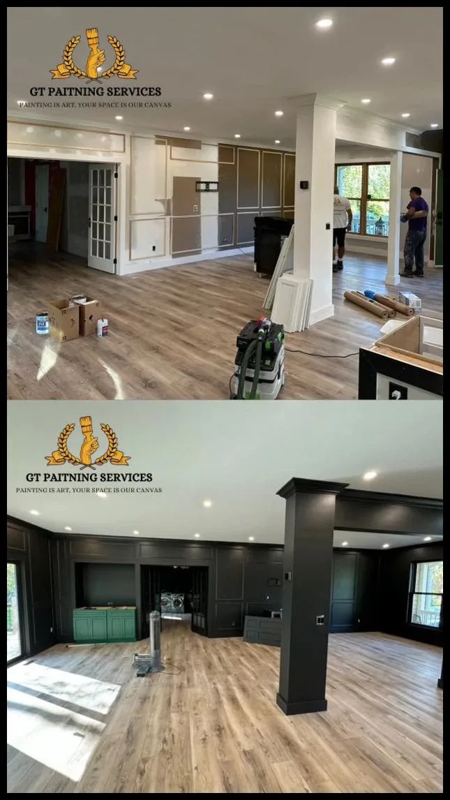 Open living space before and after dark millwork repaint